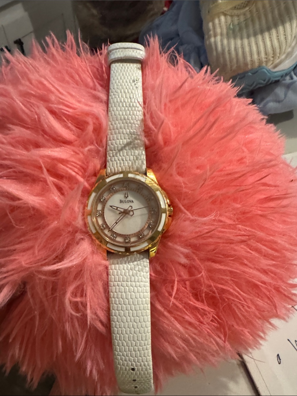 Bulova Gold-Tone Case White Leather Strap Women's Watch - Picture 1 of 1